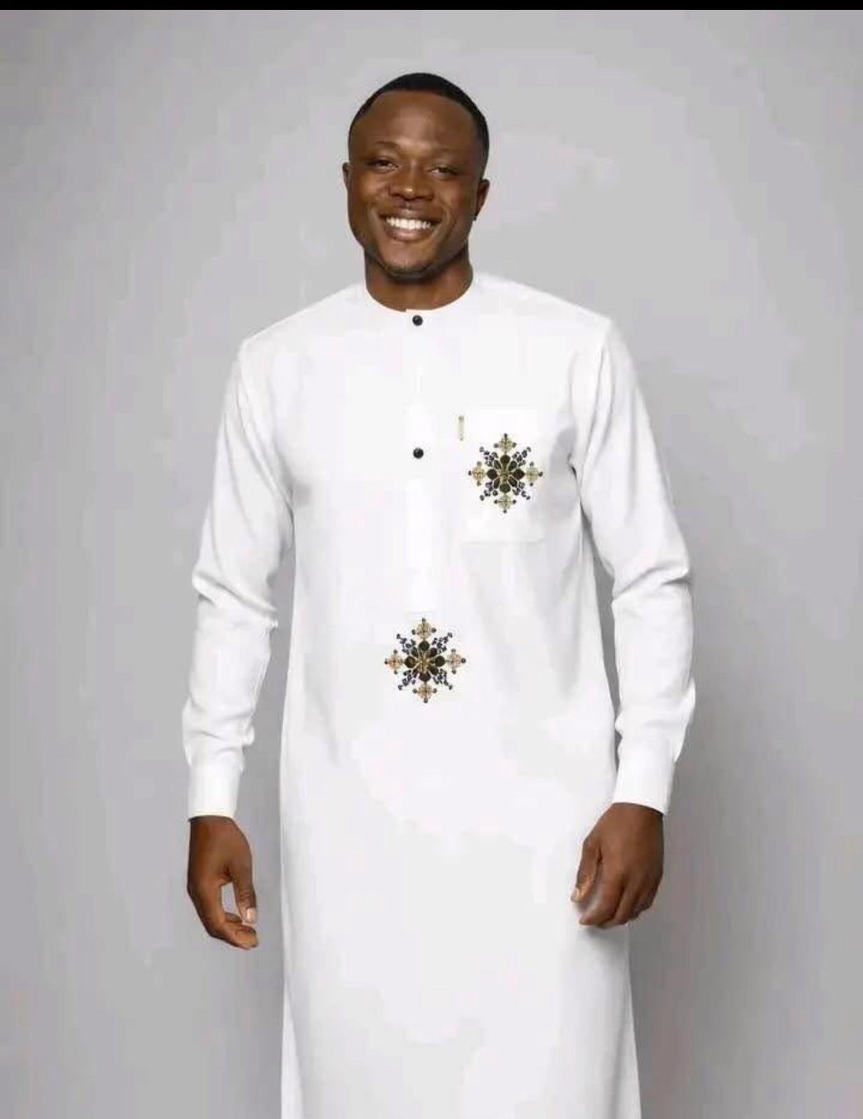 White kaftan with restrained embroidered details