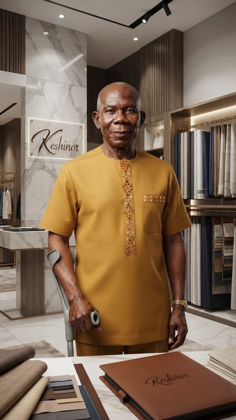 Senior gentleman wearing a refined gold kaftan in the Keshinor showroom
