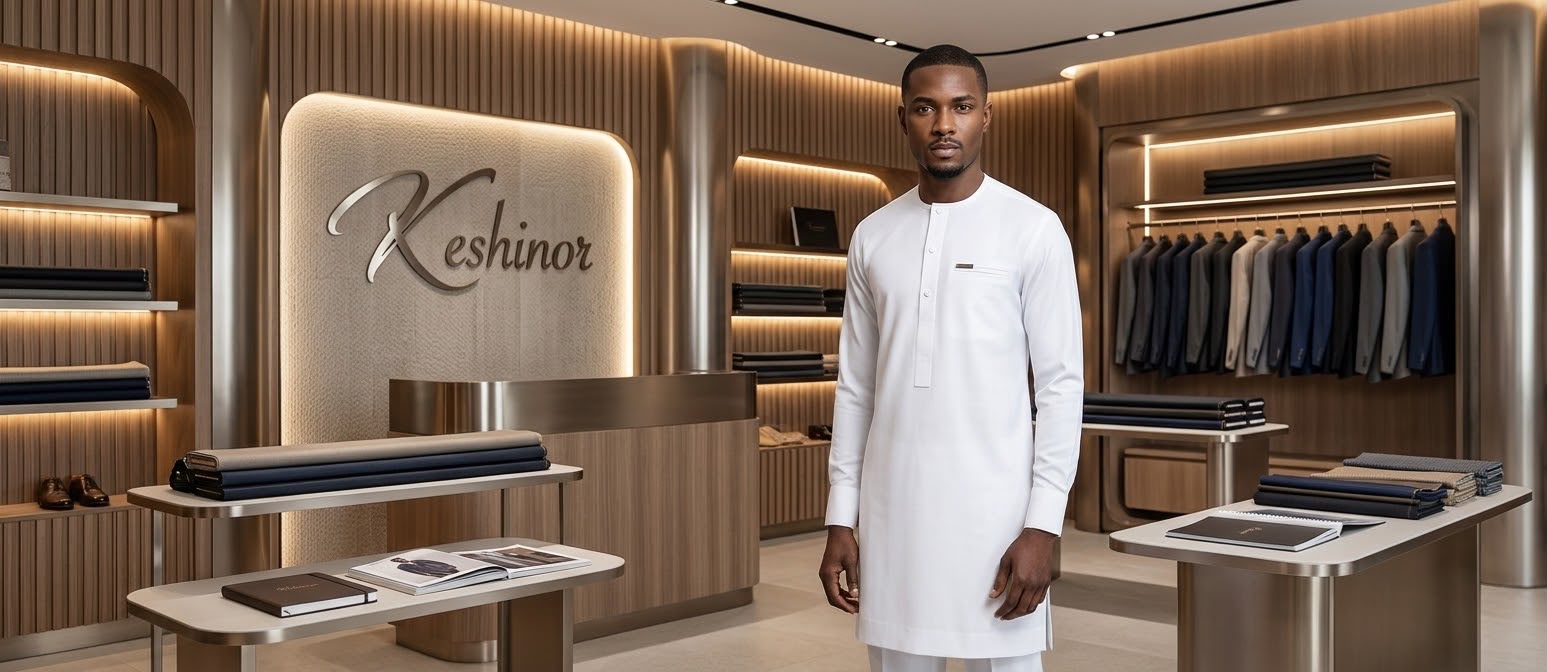 Keshinor executive wearing a clean white bespoke kaftan in the private showroom