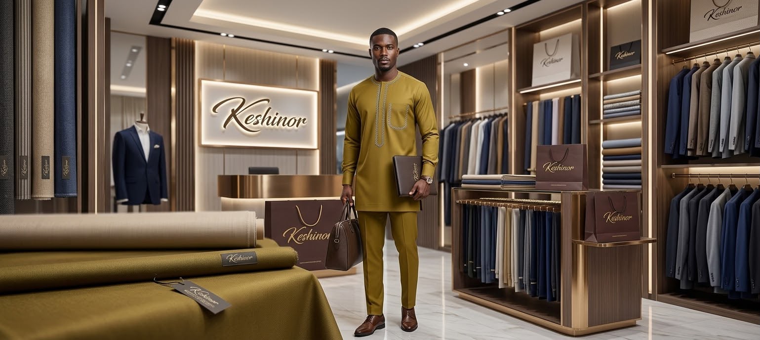 Keshinor executive wearing an olive bespoke kaftan in the private showroom