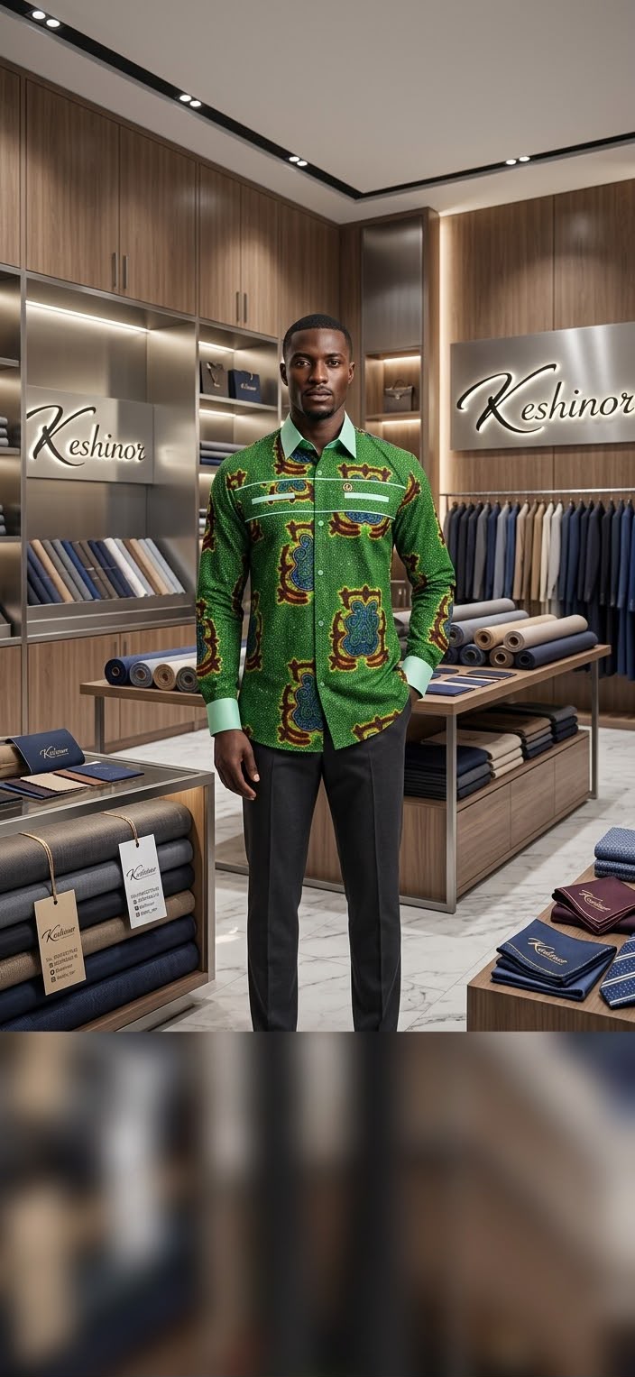 Executive wearing a richly patterned green Keshinor shirt