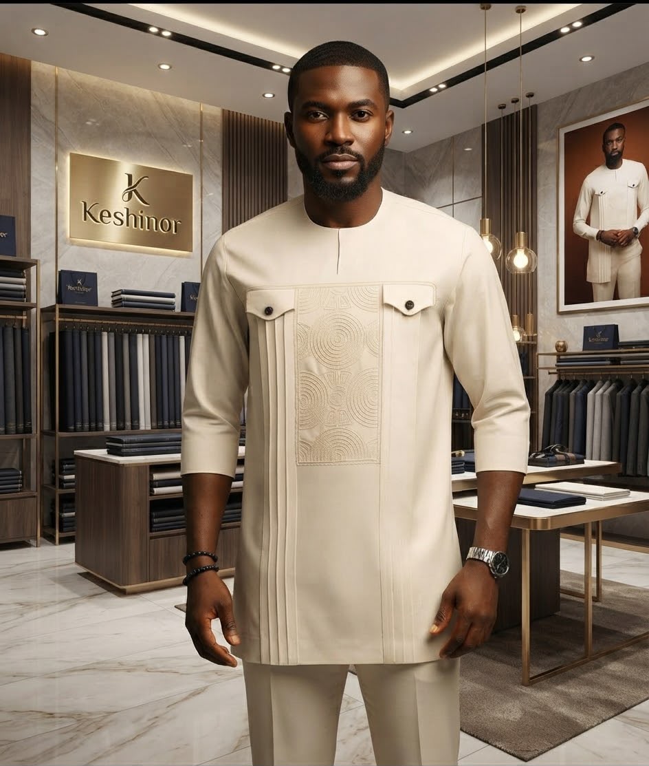 Executive wearing an ivory Keshinor kaftan in the private showroom